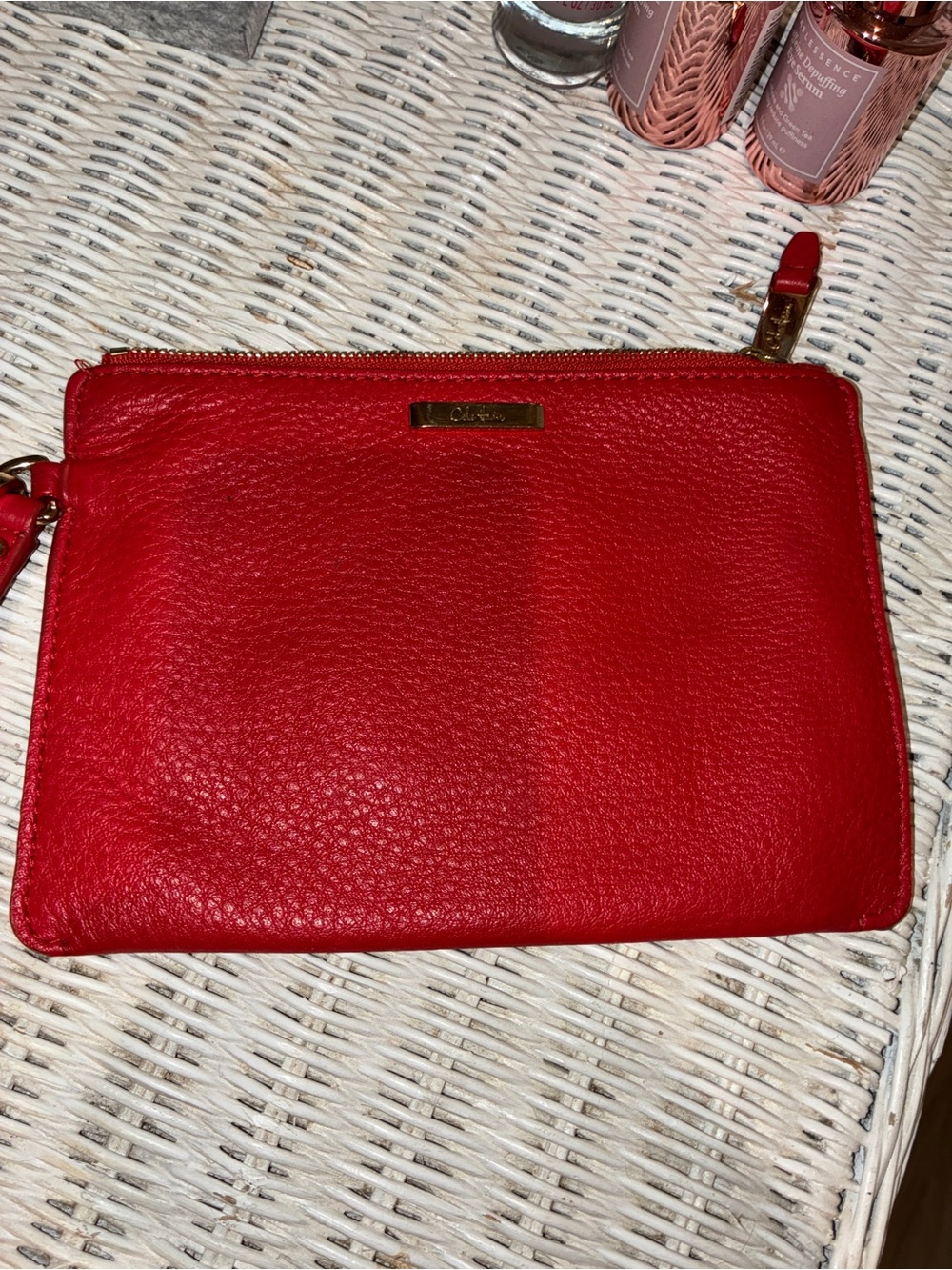 Cole Haan Red Pebbled Leather Gold Hardware Wristlet Clutch Wallet